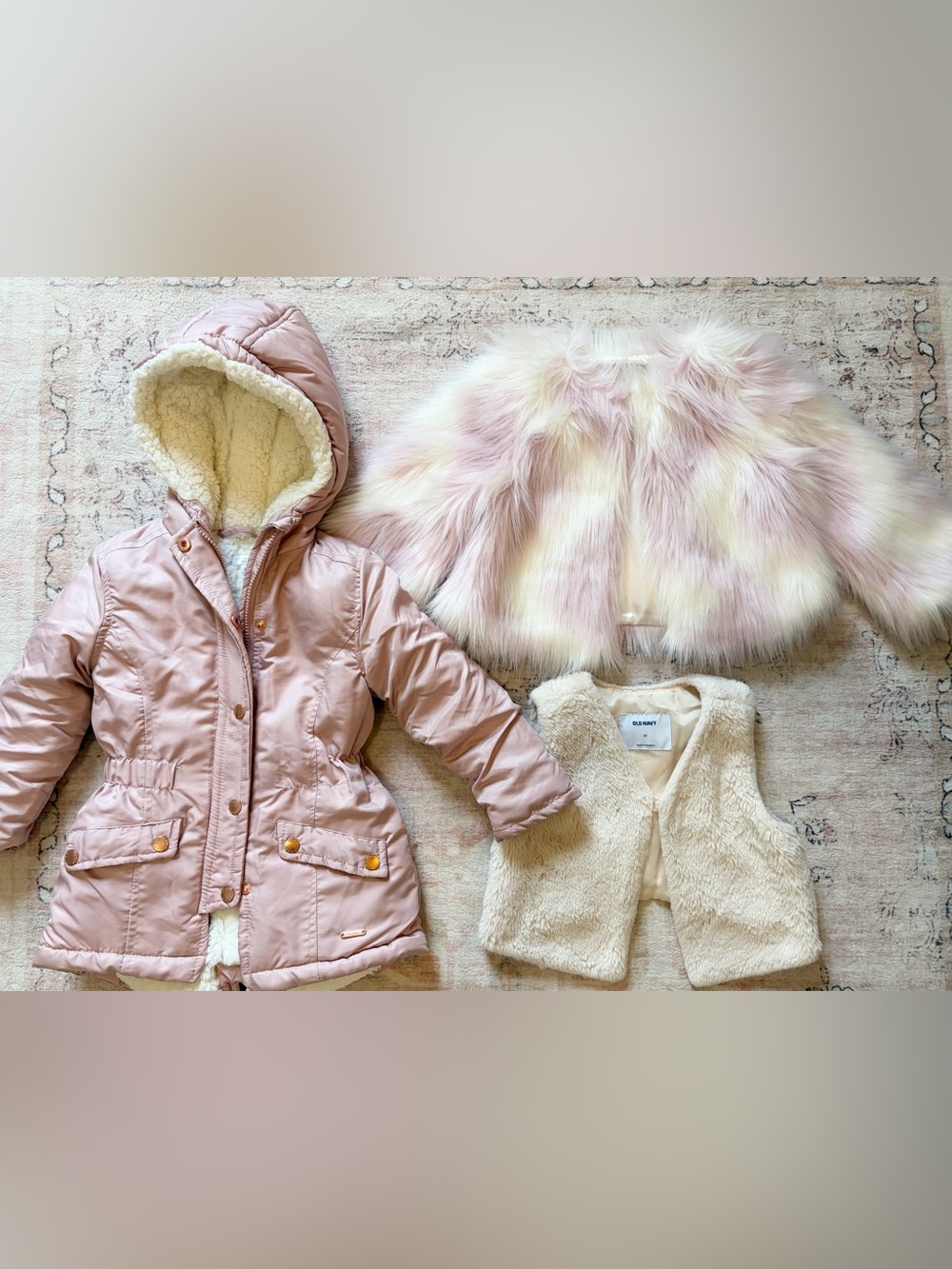 Girls size 3T cozy winter lot. Puffer coat, faux fur jacket, vest. Girly, pink,